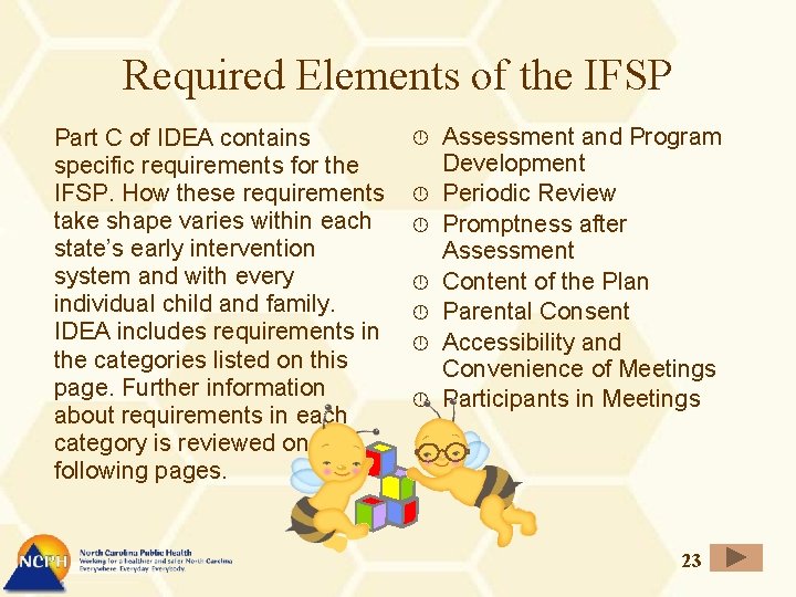 Required Elements of the IFSP Part C of IDEA contains specific requirements for the