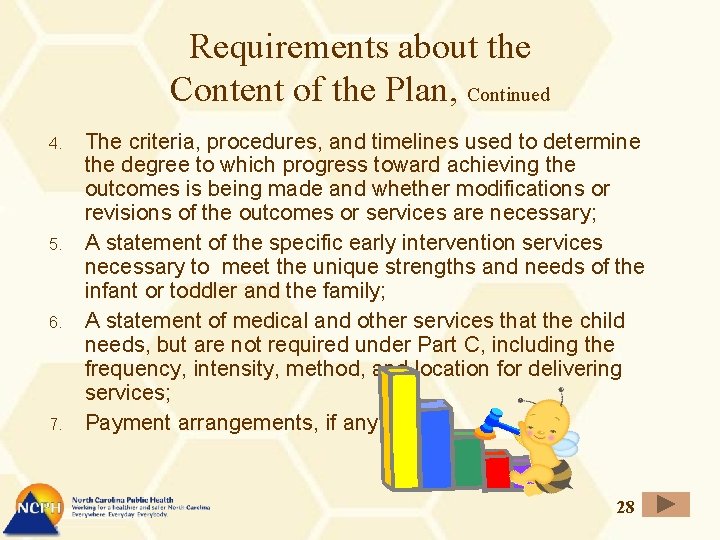 Requirements about the Content of the Plan, Continued 4. 5. 6. 7. The criteria,