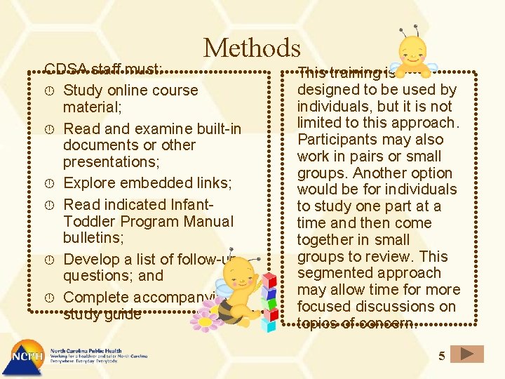 Methods CDSA staff must: Study online course material; Read and examine built-in documents or