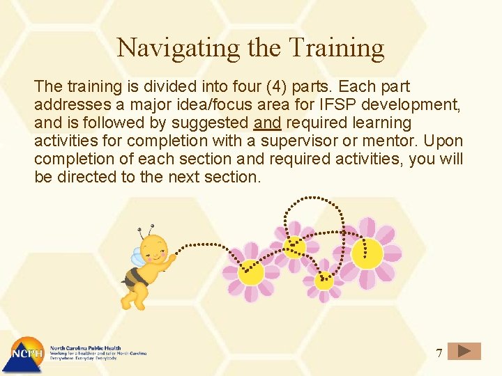 Navigating the Training The training is divided into four (4) parts. Each part addresses