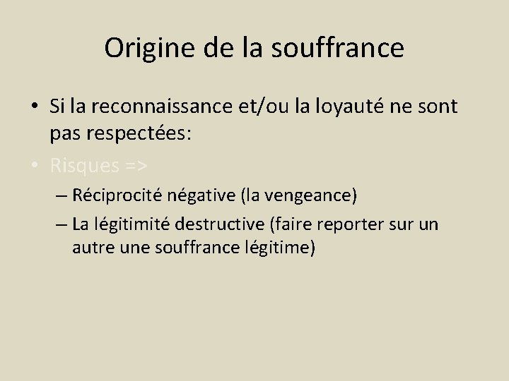 Origine de la souffrance • Si la reconnaissance et/ou la loyauté ne sont pas