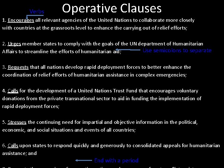 Verbs Operative Clauses 1. Encourages all relevant agencies of the United Nations to collaborate