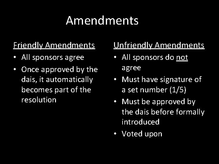Amendments Friendly Amendments Unfriendly Amendments • All sponsors agree • Once approved by the