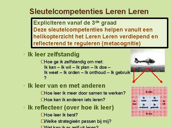 Sleutelcompetenties Leren Expliciteren vanaf de 3 de graad Deze sleutelcompetenties helpen vanuit een helikopterzicht Sleutelcompetenties Leren Expliciteren vanaf de 3 de graad Deze sleutelcompetenties helpen vanuit een helikopterzicht