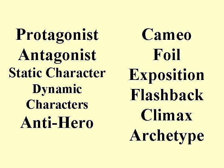 Protagonist Antagonist Static Character Dynamic Characters Anti-Hero Cameo Foil Exposition Flashback Climax Archetype 