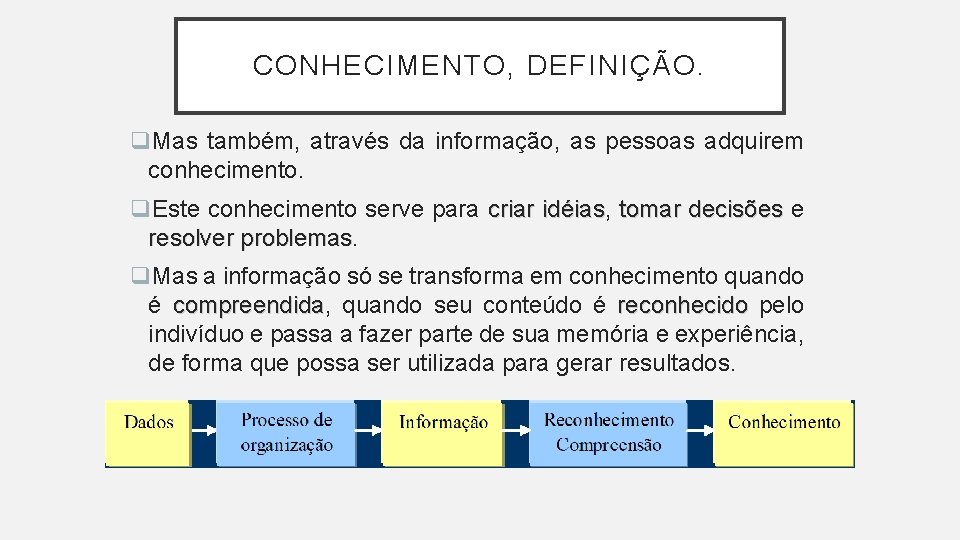 CONHECIMENTO, DEFINIÇÃO. q. Mas também, através da informação, as pessoas adquirem conhecimento. q. Este