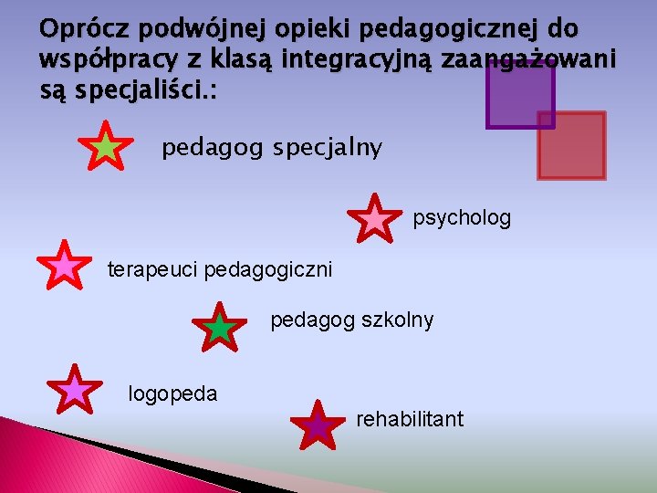 Oprócz podwójnej opieki pedagogicznej do współpracy z klasą integracyjną zaangażowani są specjaliści. : pedagog