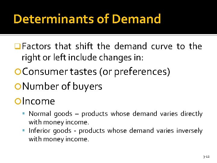 Determinants of Demand q Factors that shift the demand curve to the right or