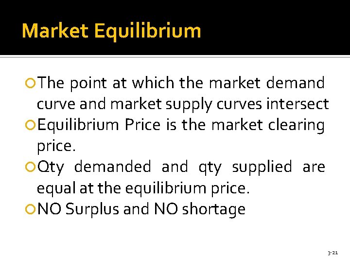 Market Equilibrium The point at which the market demand curve and market supply curves