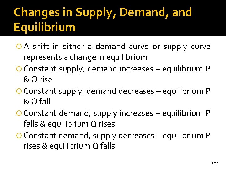 Changes in Supply, Demand, and Equilibrium A shift in either a demand curve or