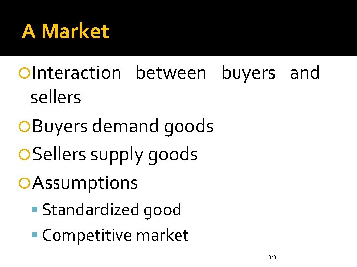 A Market Interaction between buyers and sellers Buyers demand goods Sellers supply goods Assumptions