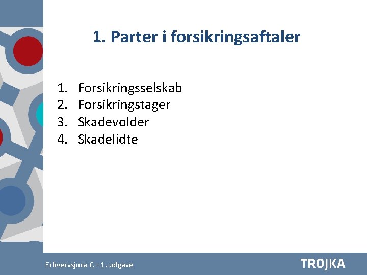 1. Parter i forsikringsaftaler 1. 2. 3. 4. Forsikringsselskab Forsikringstager Skadevolder Skadelidte Afsætning A