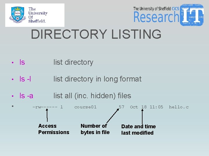 DIRECTORY LISTING • ls list directory • ls -l list directory in long format DIRECTORY LISTING • ls list directory • ls -l list directory in long format