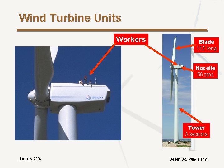 Wind Turbine Units Workers Blade 112’ long Nacelle 56 tons Tower 3 sections January Wind Turbine Units Workers Blade 112’ long Nacelle 56 tons Tower 3 sections January