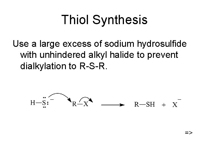 Thiol Synthesis Use a large excess of sodium hydrosulfide with unhindered alkyl halide to