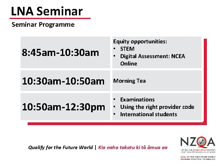LNA Seminar Programme 8: 45 am-10: 30 am Equity opportunities: • STEM • Digital