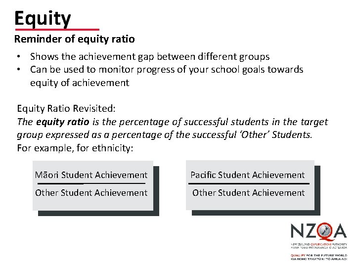 Equity Reminder of equity ratio • Shows the achievement gap between different groups •