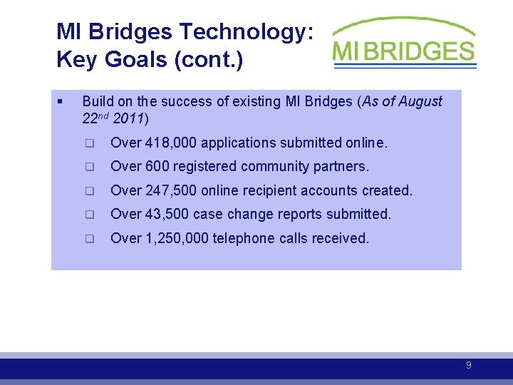 MI Bridges Technology: Key Goals (cont. ) § Build on the success of existing