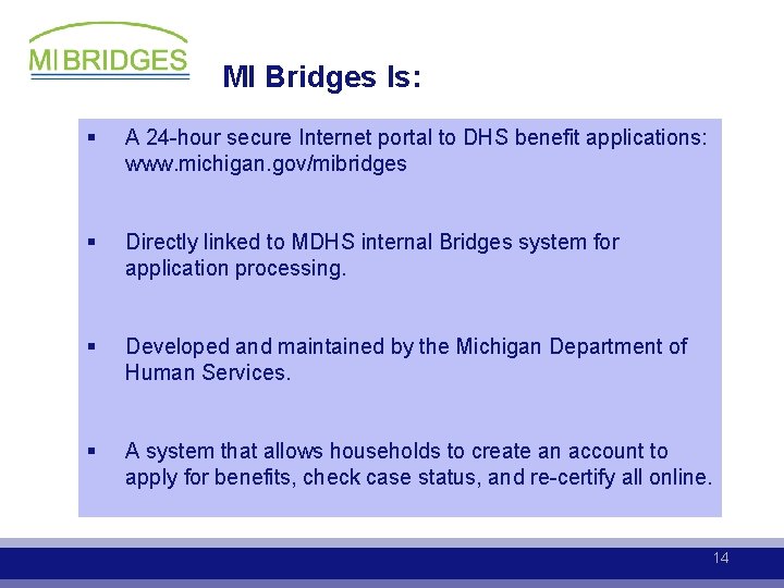MI Bridges Is: § A 24 -hour secure Internet portal to DHS benefit applications: