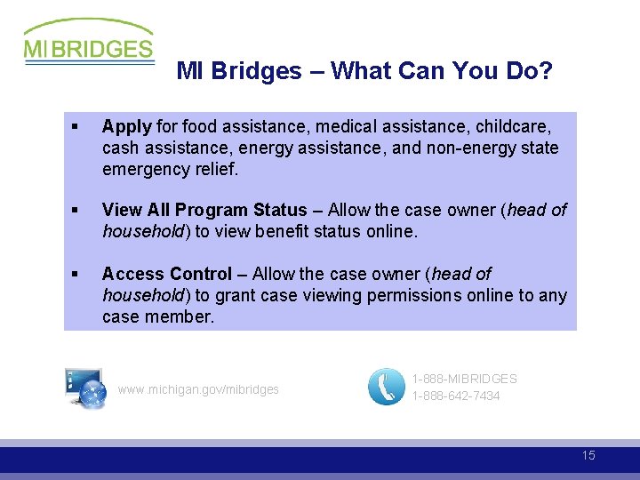 MI Bridges – What Can You Do? § Apply for food assistance, medical assistance,