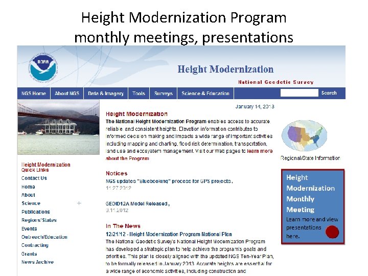 Height Modernization Program monthly meetings, presentations 