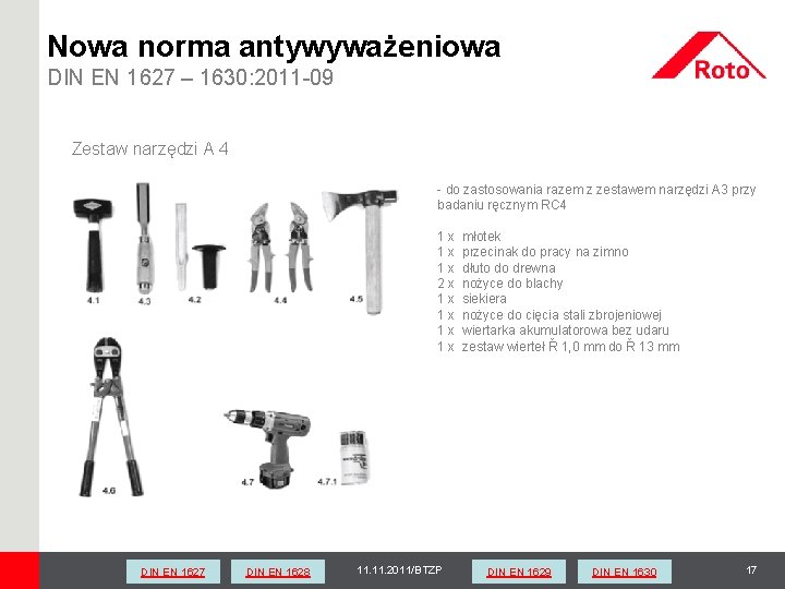 Nowa norma antywyważeniowa DIN EN 1627 – 1630: 2011 -09 Zestaw narzędzi A 4