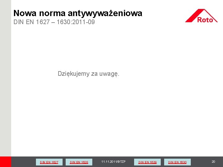 Nowa norma antywyważeniowa DIN EN 1627 – 1630: 2011 -09 Dziękujemy za uwagę. DIN