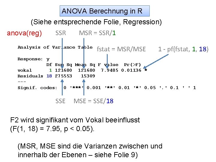 ANOVA Berechnung in R (Siehe entsprechende Folie, Regression) MSR = SSR/1 SSR anova(reg) Analysis
