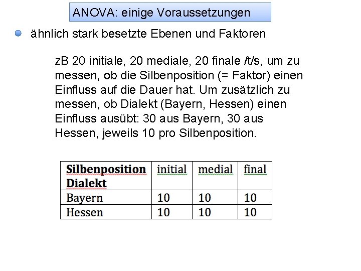 ANOVA: einige Voraussetzungen ähnlich stark besetzte Ebenen und Faktoren z. B 20 initiale, 20