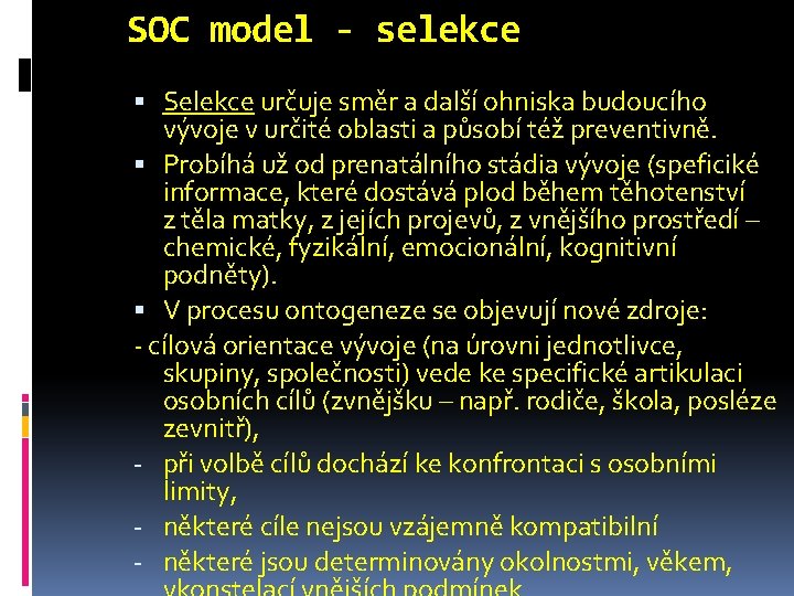 SOC model - selekce Selekce určuje směr a další ohniska budoucího vývoje v určité