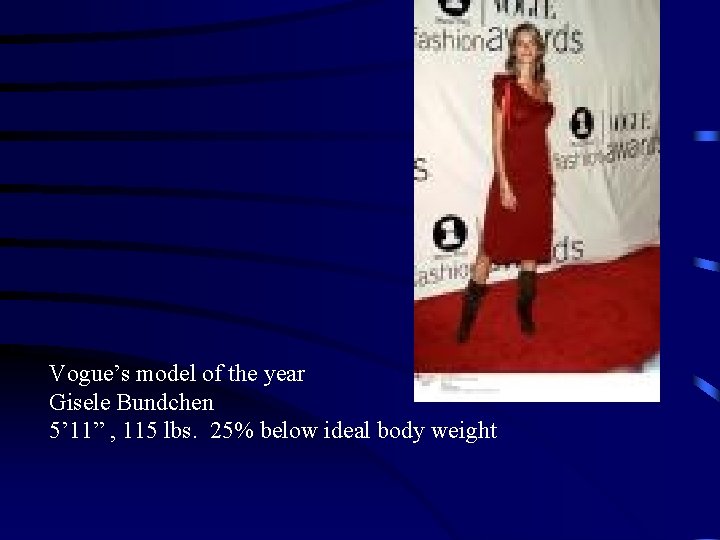 Vogue’s model of the year Gisele Bundchen 5’ 11” , 115 lbs. 25% below