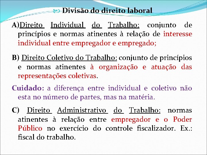 Divisão do direito laboral A)Direito Individual do Trabalho: conjunto de princípios e normas Divisão do direito laboral A)Direito Individual do Trabalho: conjunto de princípios e normas