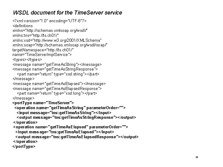 WSDL document for the Time. Server service <? xml version="1. 0" encoding="UTF-8"? > <definitions