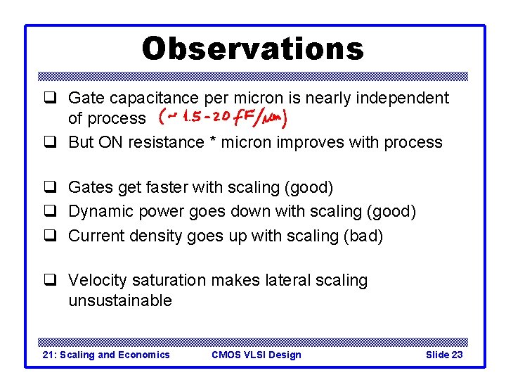 Observations q Gate capacitance per micron is nearly independent of process q But ON Observations q Gate capacitance per micron is nearly independent of process q But ON