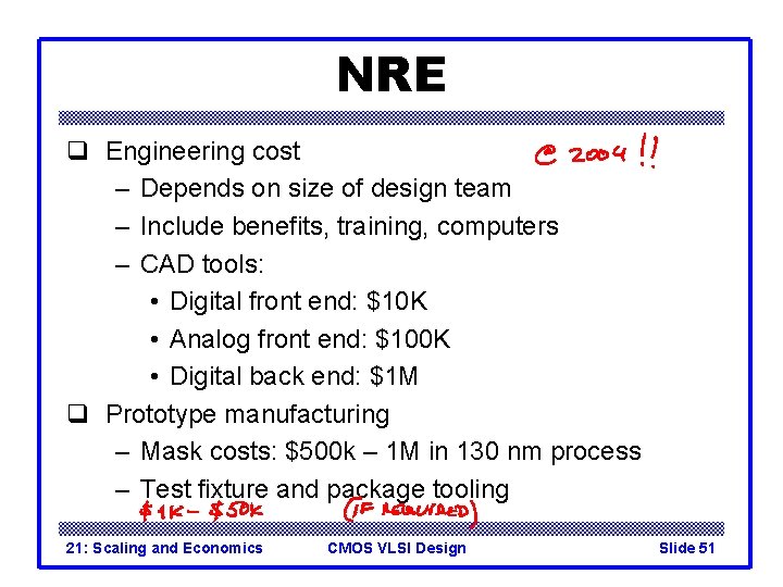 NRE q Engineering cost – Depends on size of design team – Include benefits, NRE q Engineering cost – Depends on size of design team – Include benefits,