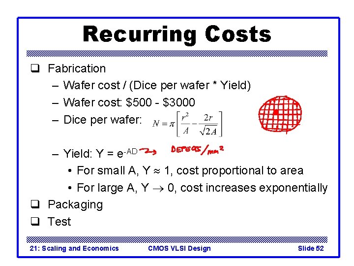 Recurring Costs q Fabrication – Wafer cost / (Dice per wafer * Yield) – Recurring Costs q Fabrication – Wafer cost / (Dice per wafer * Yield) –