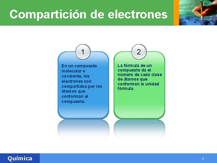 Compartición de electrones Química 1 2 En un compuesto molecular o covalente, los electrones Compartición de electrones Química 1 2 En un compuesto molecular o covalente, los electrones