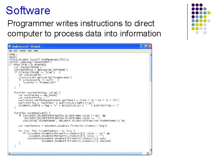 Software Programmer writes instructions to direct computer to process data into information 
