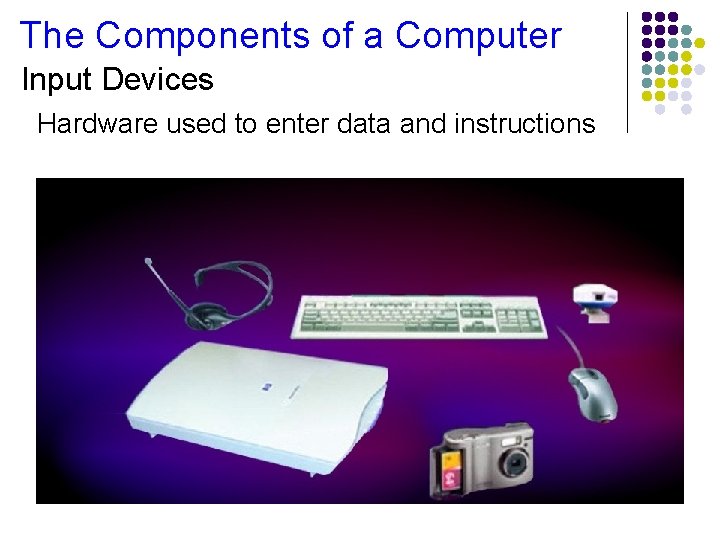 The Components of a Computer Input Devices Hardware used to enter data and instructions