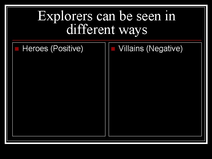 Explorers can be seen in different ways n Heroes (Positive) n Villains (Negative) 