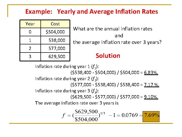 Example: Yearly and Average Inflation Rates Year Cost 0 $504, 000 1 538, 000