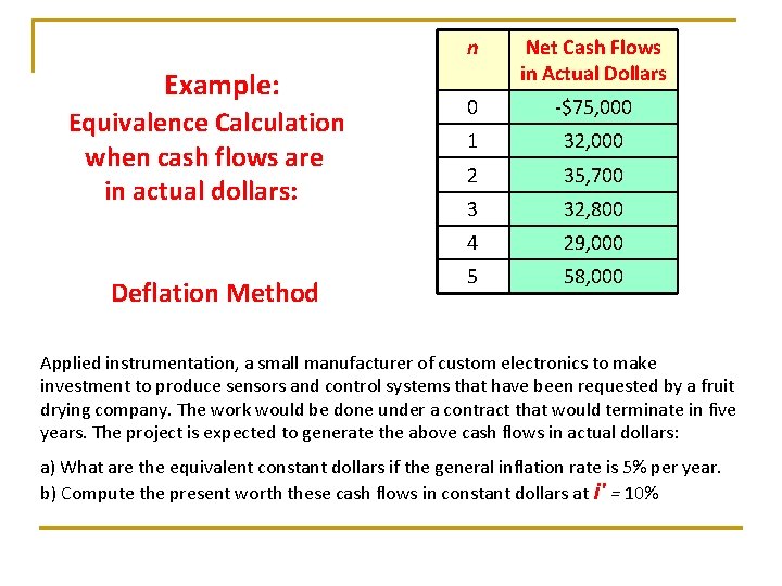 Example: Equivalence Calculation when cash flows are in actual dollars: Deflation Method n Net