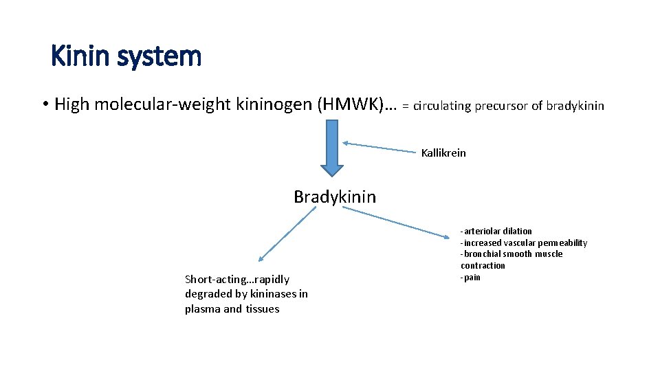 Kinin system • High molecular-weight kininogen (HMWK)… = circulating precursor of bradykinin Kallikrein Bradykinin