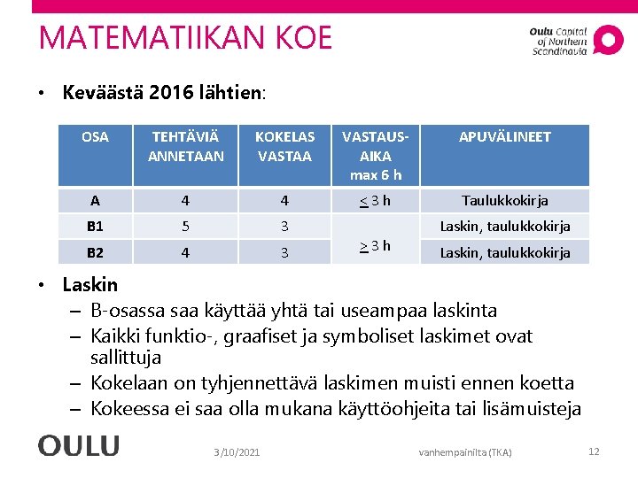 MATEMATIIKAN KOE • Keväästä 2016 lähtien: OSA TEHTÄVIÄ ANNETAAN KOKELAS VASTAA VASTAUSAIKA max 6