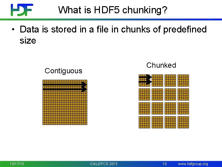 What is HDF 5 chunking? • Data is stored in a file in chunks