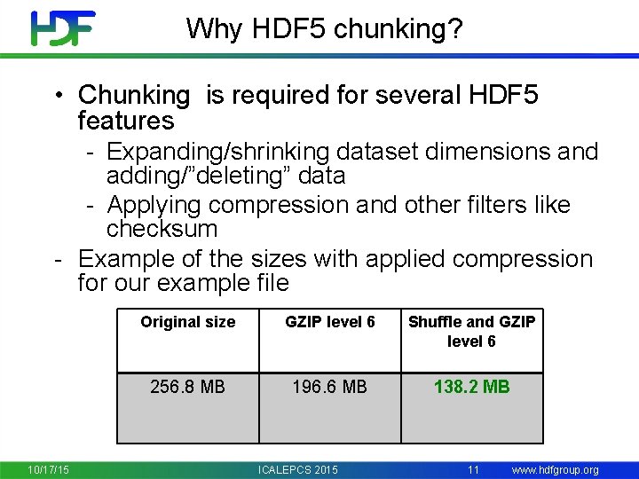 Why HDF 5 chunking? • Chunking is required for several HDF 5 features -