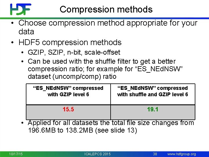 Compression methods • Choose compression method appropriate for your data • HDF 5 compression