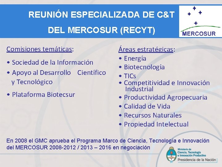 REUNIÓN ESPECIALIZADA DE C&T DEL MERCOSUR (RECYT) Comisiones temáticas: • Sociedad de la Información