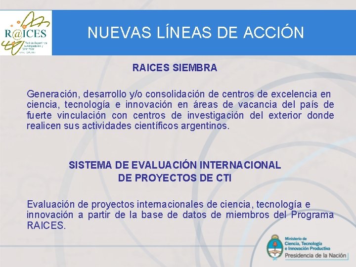 NUEVAS LÍNEAS DE ACCIÓN RAICES SIEMBRA Generación, desarrollo y/o consolidación de centros de excelencia