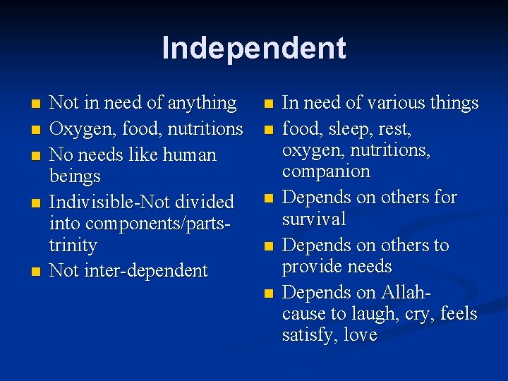 Independent n n n Not in need of anything Oxygen, food, nutritions No needs